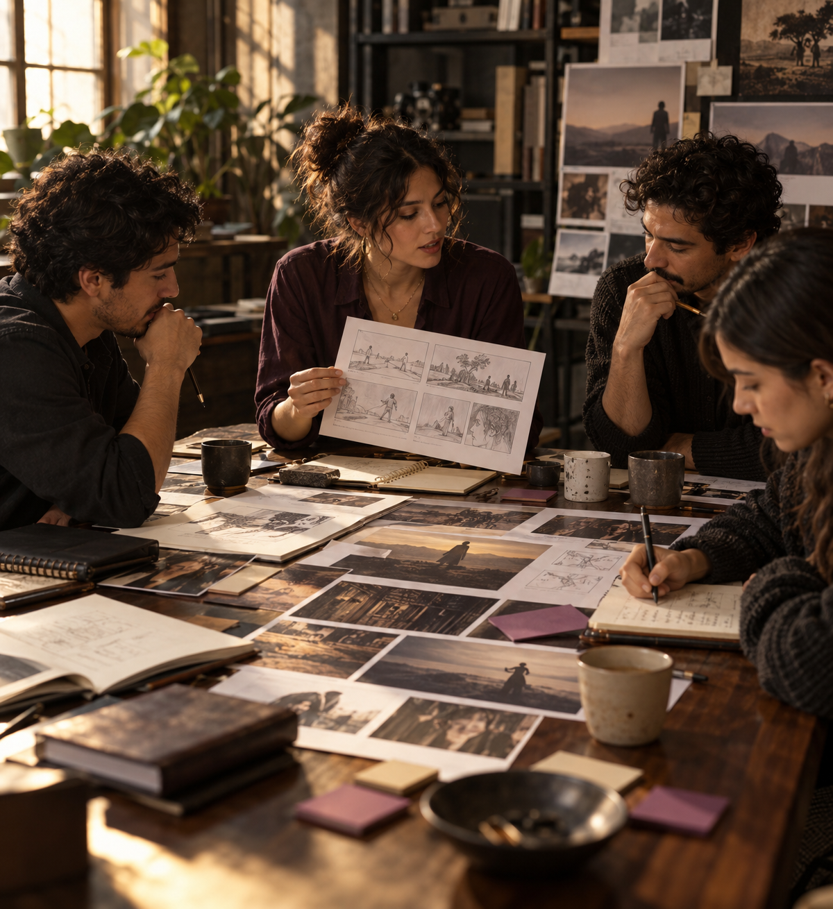 Equipo de desarrollo audiovisual trabajando con guiones y storyboards en un estudio de luz cinematográfica