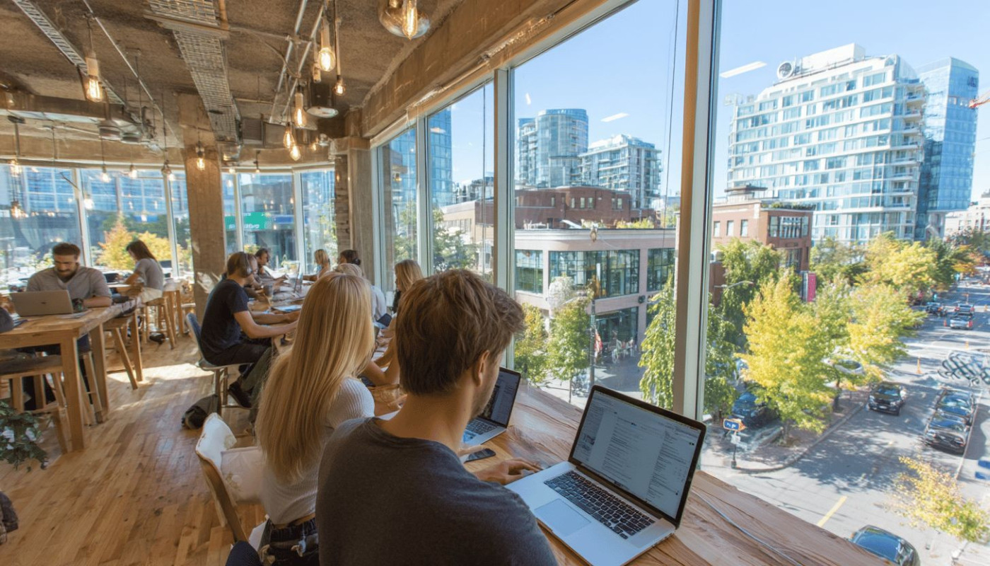 Personas trabajando en un espacio compartido junto a ventanales con vista urbana